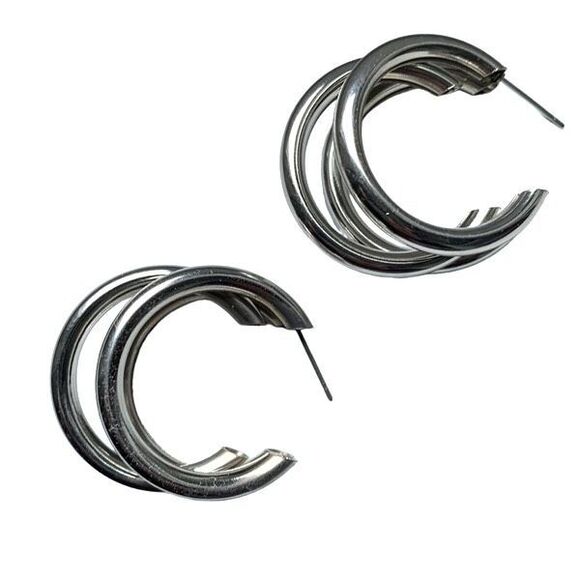 Men’s Hollow Triple Hoop Silver Tone Earrings Tri Hoop Earrings - Picture 1 of 8